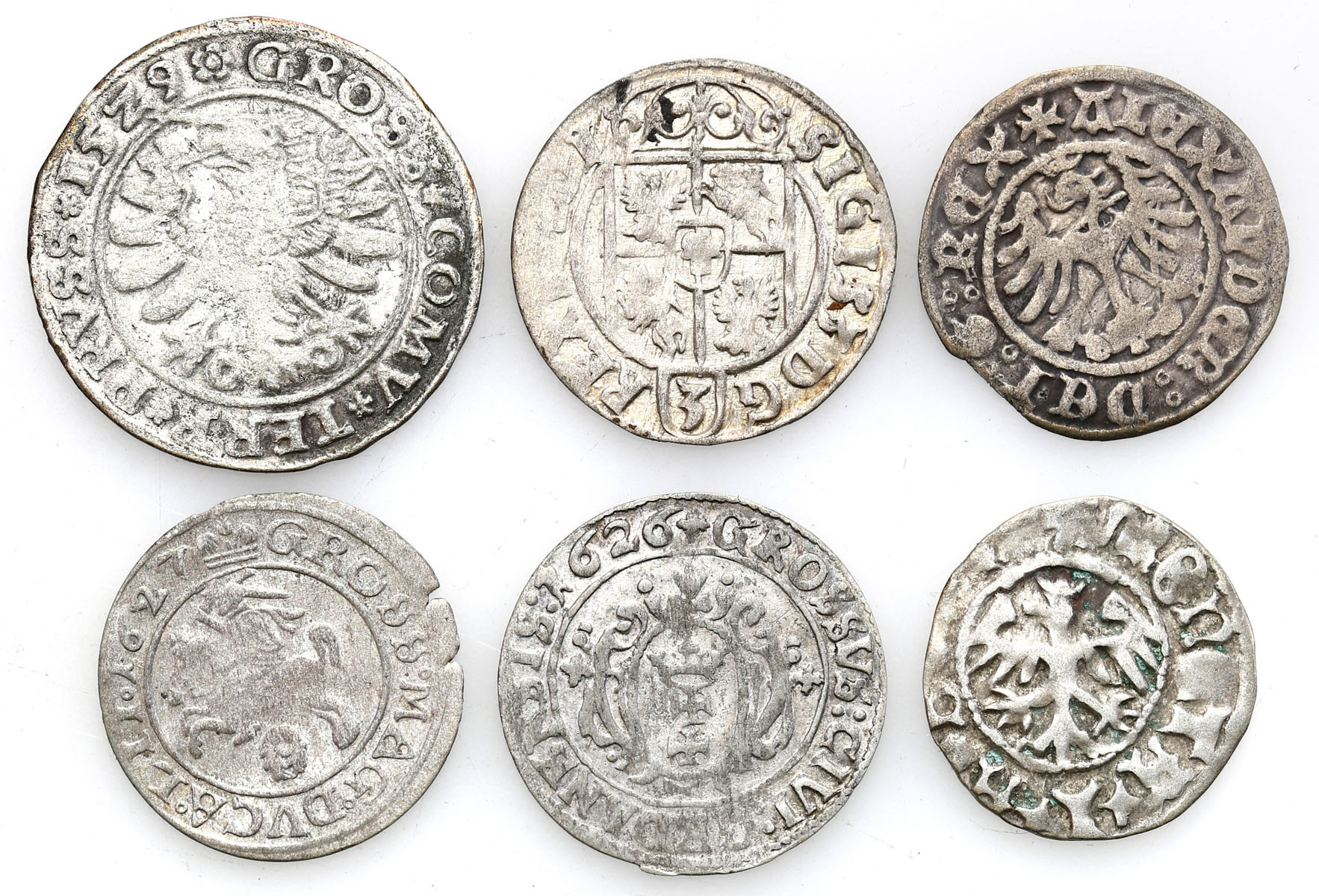 Polska XV-XVII wiek. Półgrosz, grosz, półtorak, zestaw 6 monet